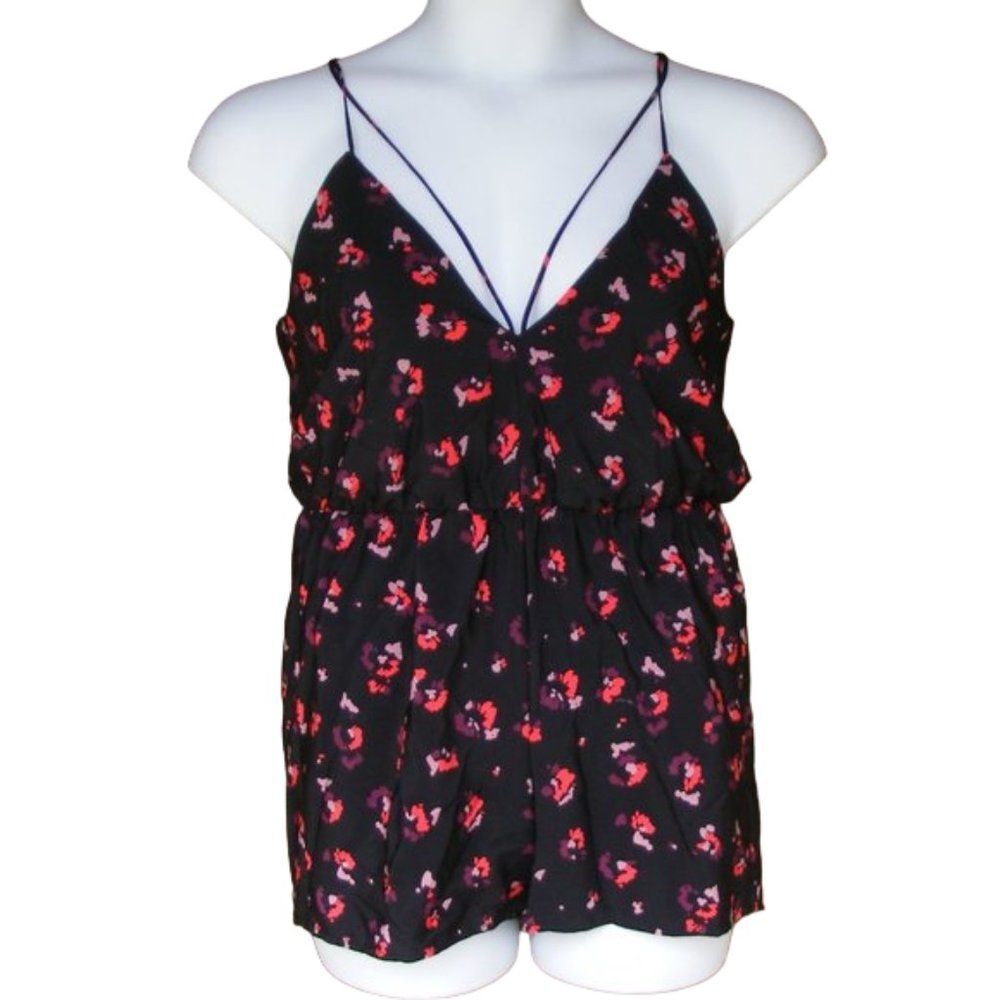 KIMCHI BLUE Romper XS Cage, Spaghetti Strap, Black/Red Lilac Floral, Summer